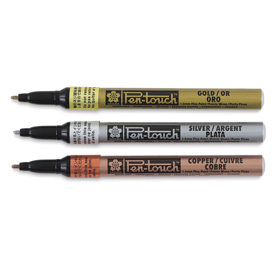 Open in modal - Sakura Pen-Touch Paint Marker Set - Components of Fine Tip Metallic Colors 3 pc set, with caps off
