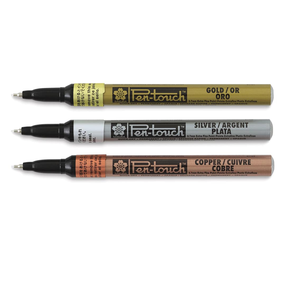 Open in modal - Sakura Pen-Touch Paint Marker Set - Markers in Xtra Fine Metallic Colors 3 pc set, with caps removed
