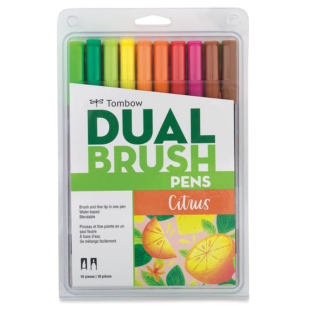 Open in modal - Tombow Dual Brush Pens - Set of 10, Citrus Colors. Front of package.