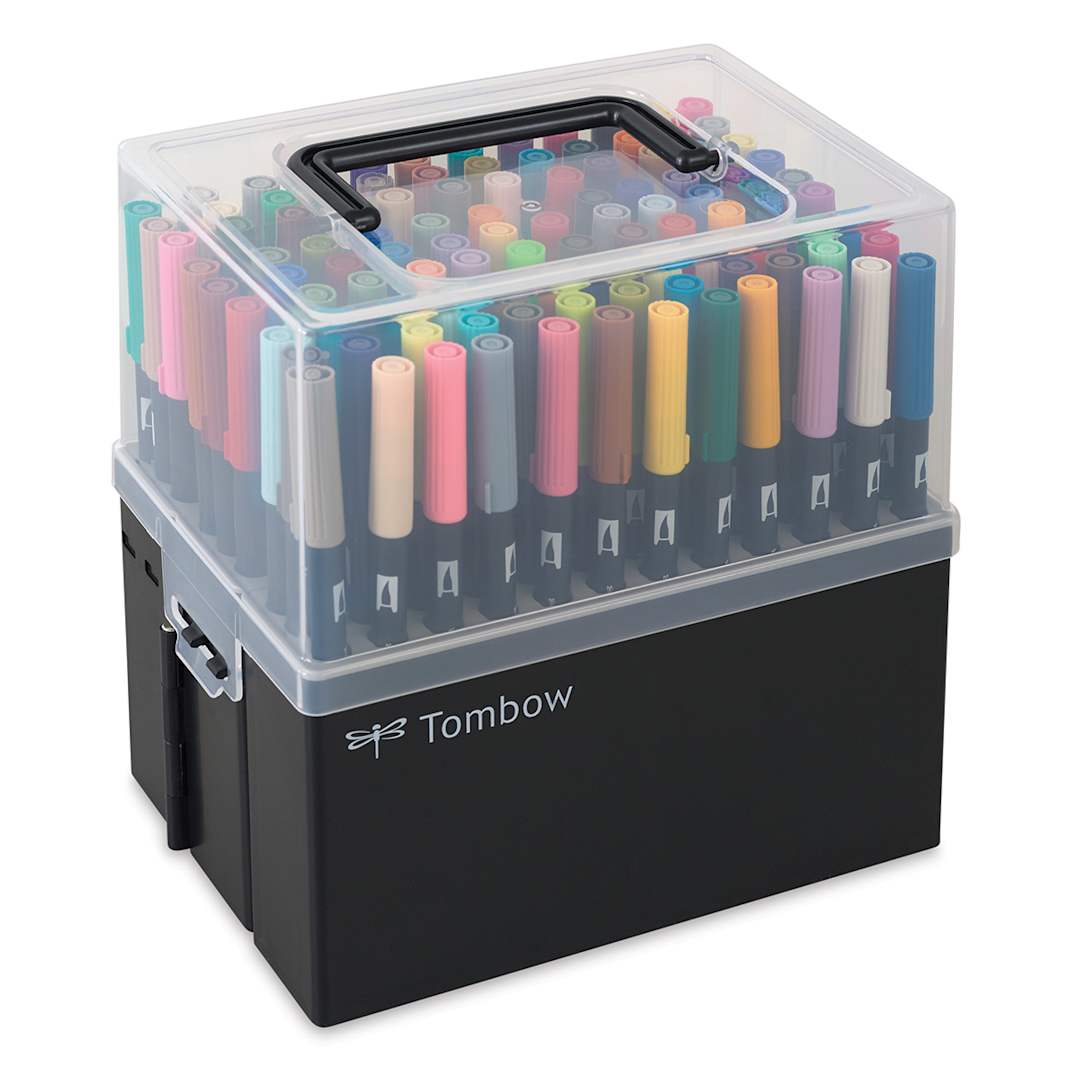 Open in modal - Tombow Dual Brush Pens - Set of 108 with Marker Case. Front corner angle of case.