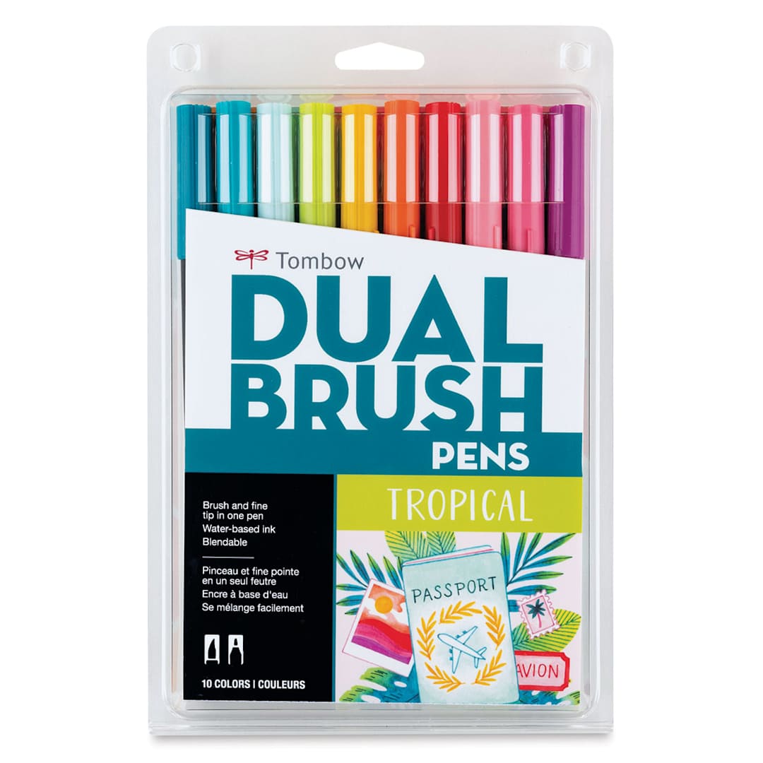 Open in modal - Tombow Dual Brush Pens - Tropical Colors, Set of 10. Front of package.