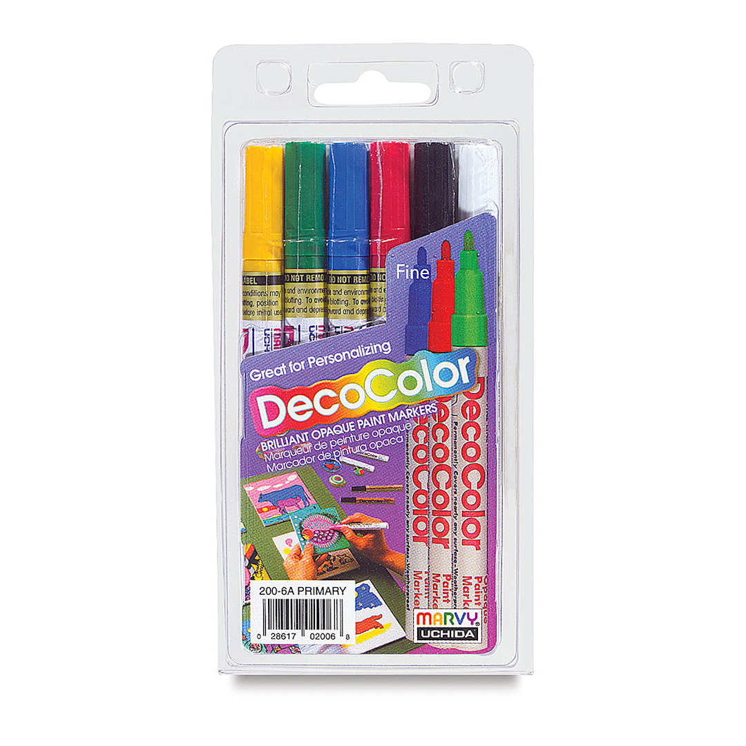 Open in modal - Decocolor Paint Markers - Front of blister package of Fine tip Set of 6 Primary Colors