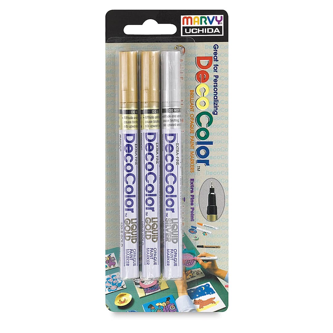 Open in modal - Decocolor Paint Markers - Front of blister package of Set of 3 Extra Fine tip Metallic Colors