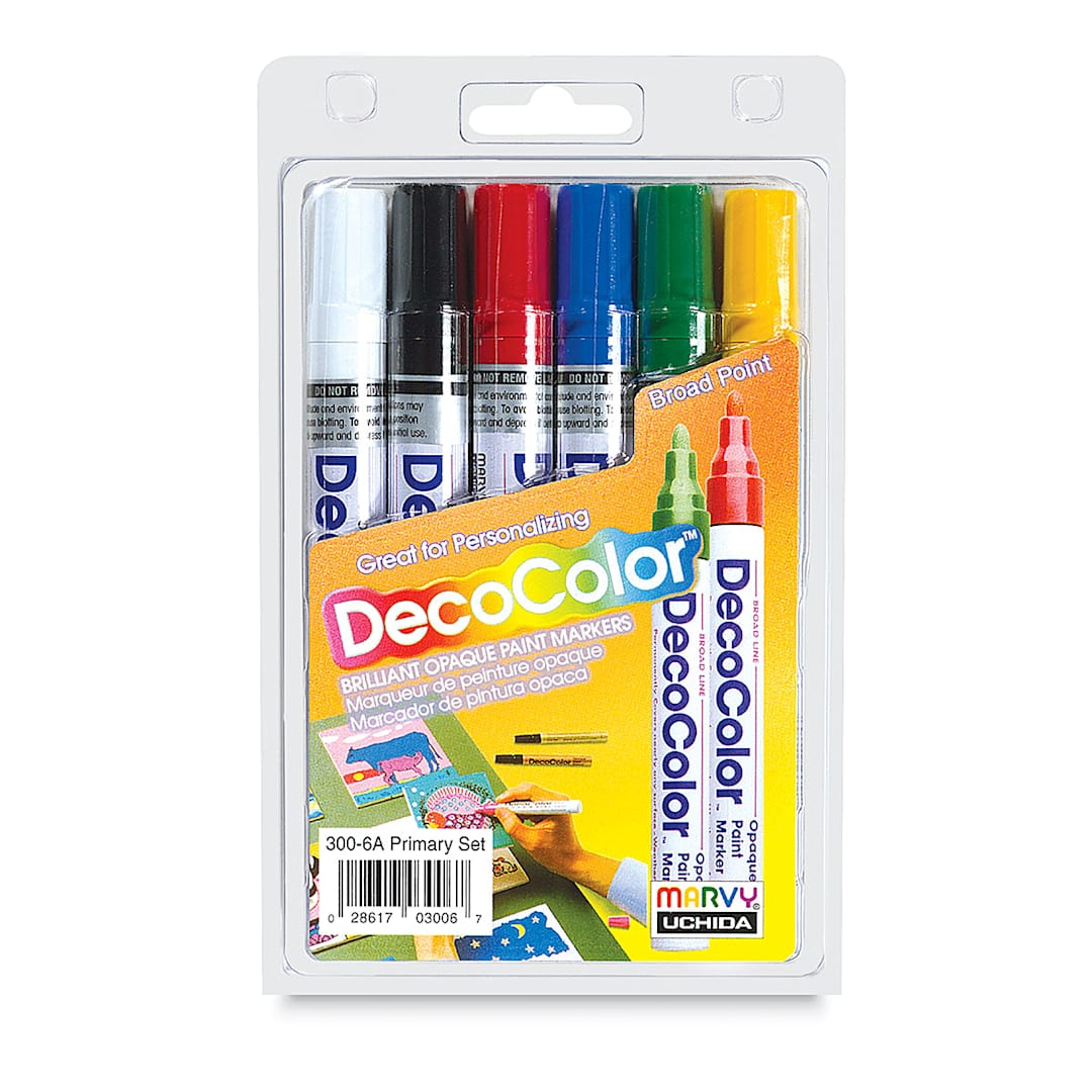 Open in modal - Decocolor Paint Markers - Front of blister package of Broad Tip Set of 6 Primary Colors
