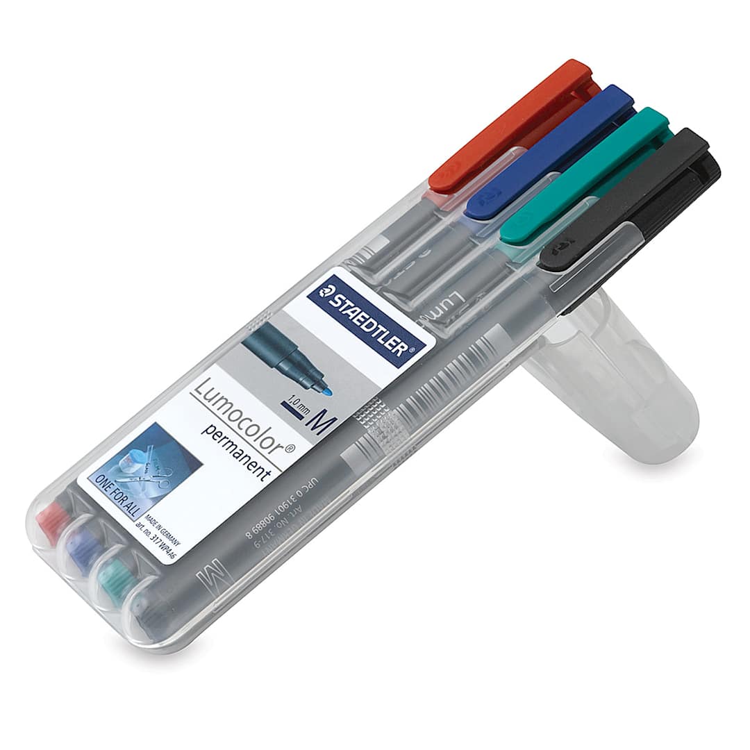 Open in modal - Staedtler Lumocolor Permanent Marker Sets - Open Package of 4 Medium Tip Assorted Color Pens