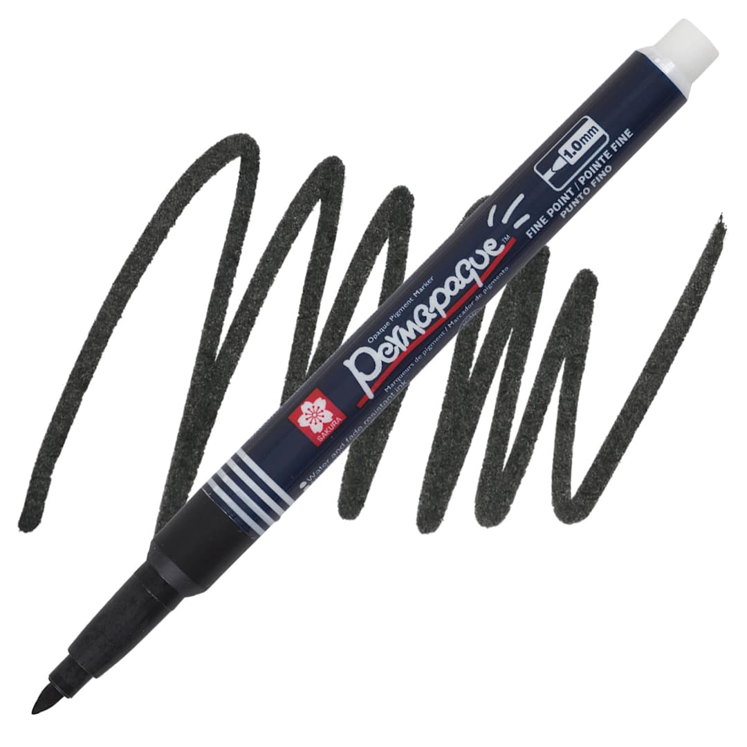 Open in modal - Sakura Permapaque Opaque Paint Marker - Black, Fine Point marker and swatch