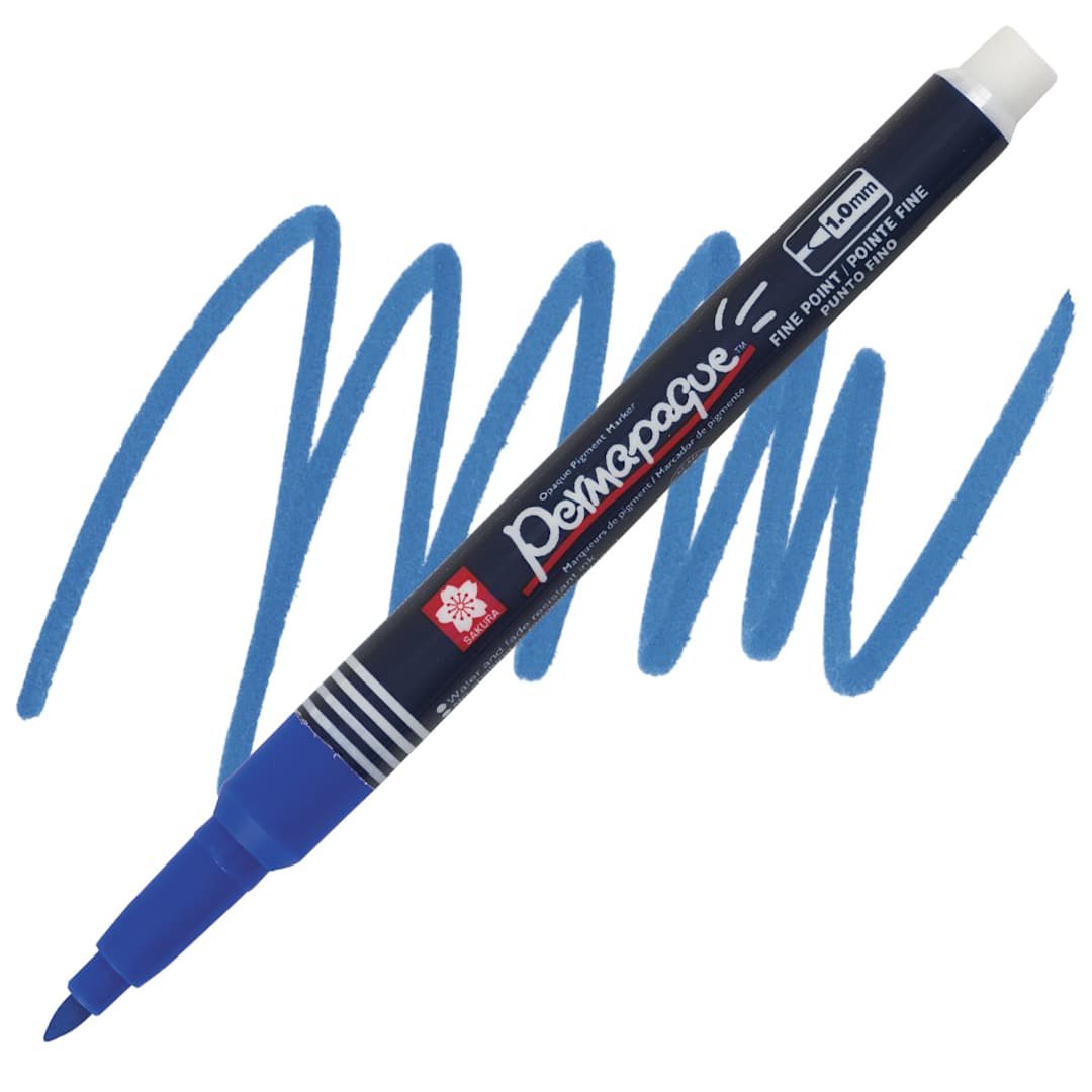 Open in modal - Sakura Permapaque Opaque Paint Marker - Blue, Fine Point marker and swatch