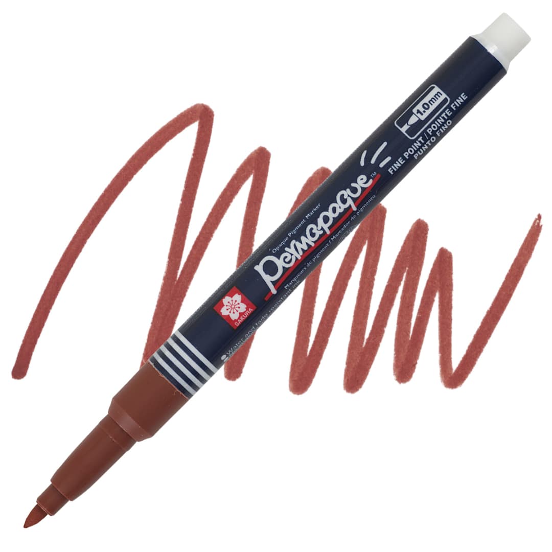 Open in modal - Sakura Permapaque Opaque Paint Marker - Brown, Fine Point marker and swatch