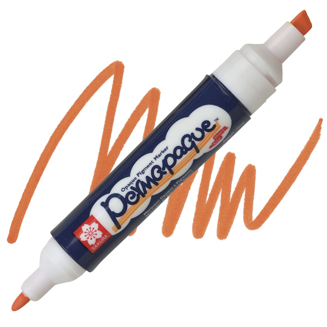 Open in modal - Sakura Permapaque Opaque Paint Marker - Orange, Dual Point marker and swatch