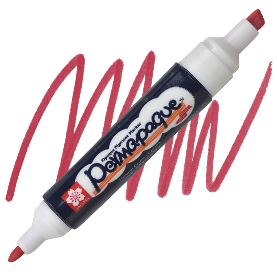 Open in modal - Sakura Permapaque Opaque Paint Marker - Red, Dual Point marker and swatch