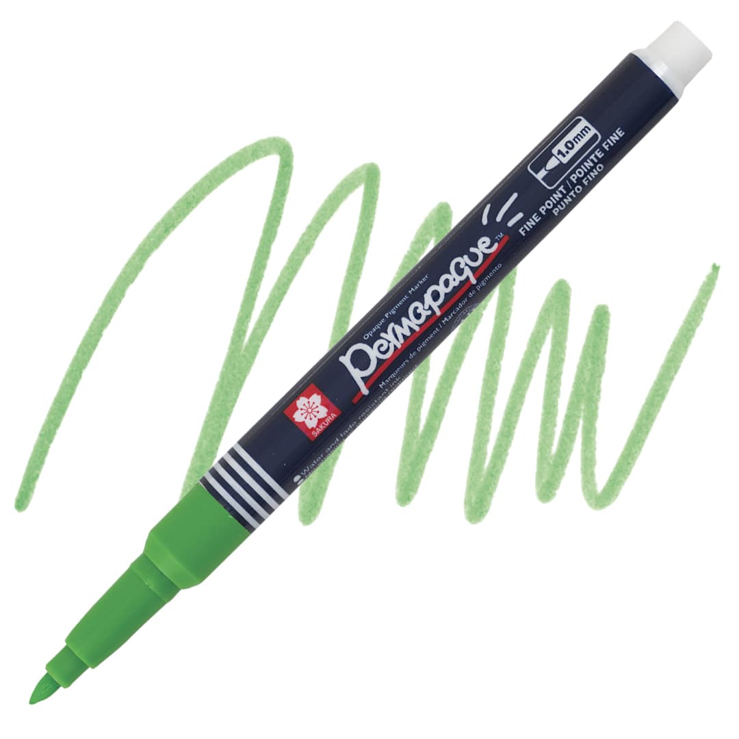 Open in modal - Sakura Permapaque Opaque Paint Marker - Yellow Green, Fine Point marker and swatch