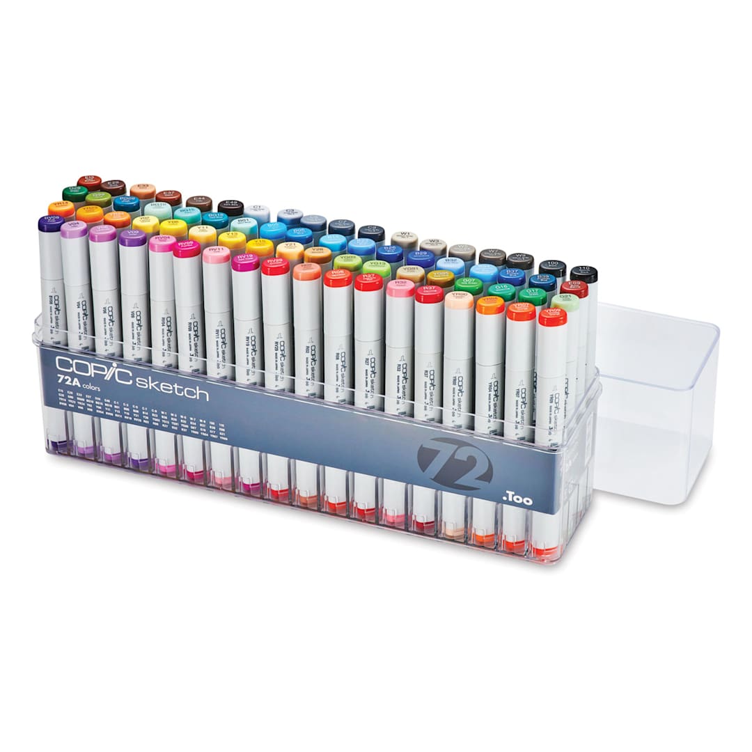 Open in modal - Copic Sketch Markers, Set of 72, Set A. Top of clear package, 4 rows of markers, lid off.
