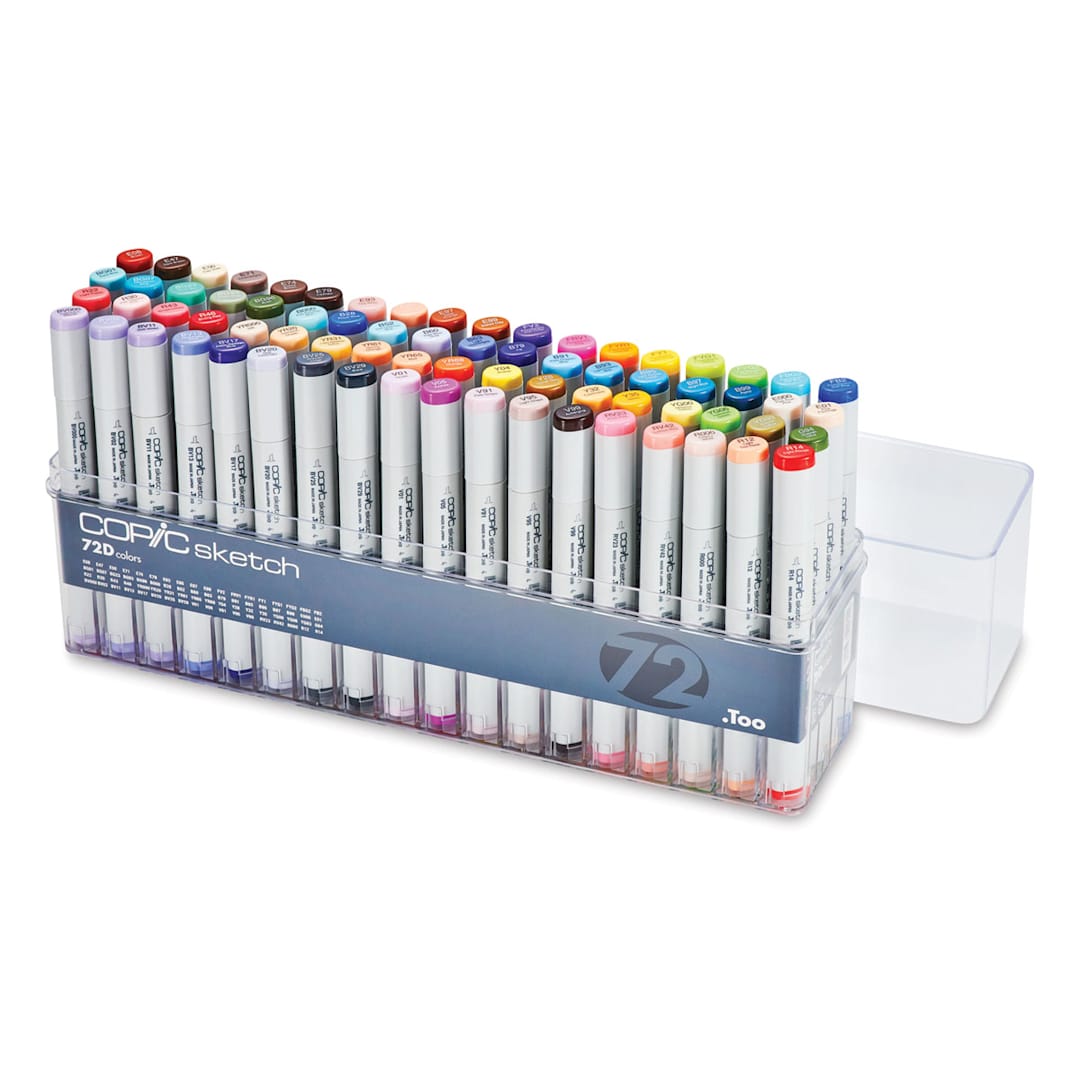Open in modal - Copic Sketch Markers, Set of 72. Set D. Clear package of bright and fluorescent colors, four rows, top off.