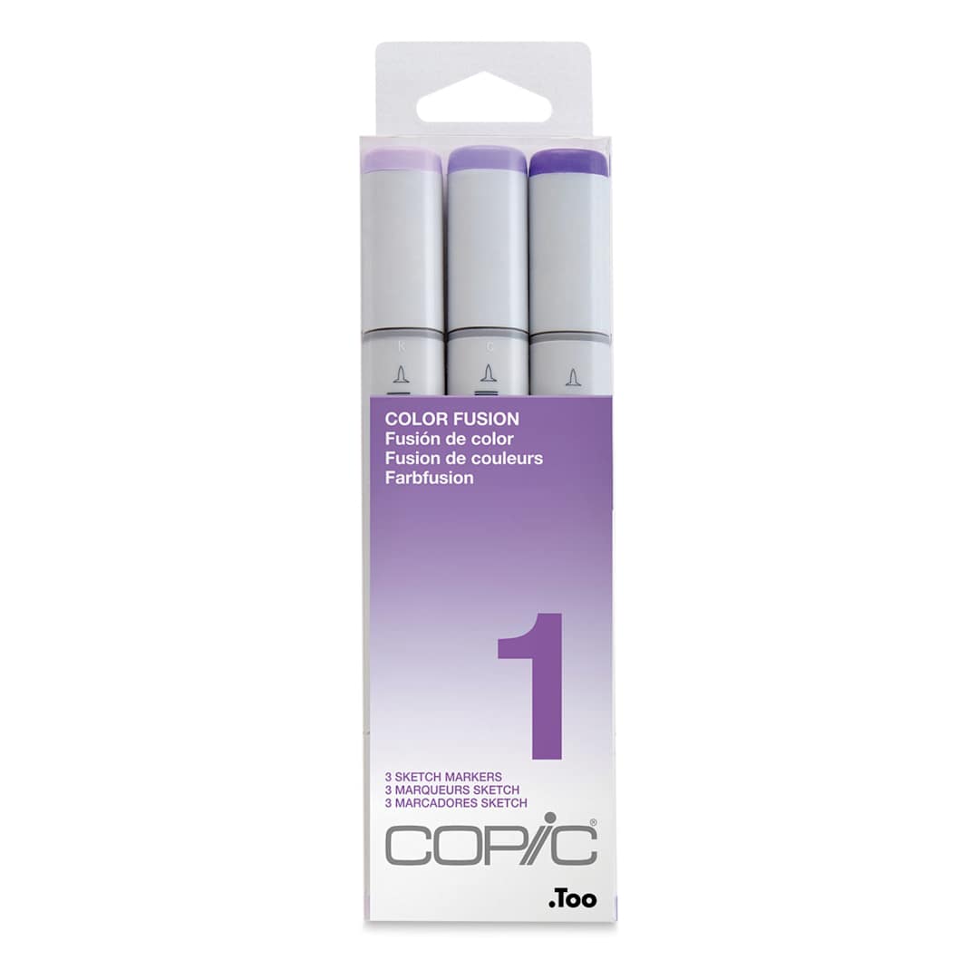 Open in modal - Copic Sketch Markers, Set of 3. Color Fusion 1 set. Front of package, light to dark lavender colors.