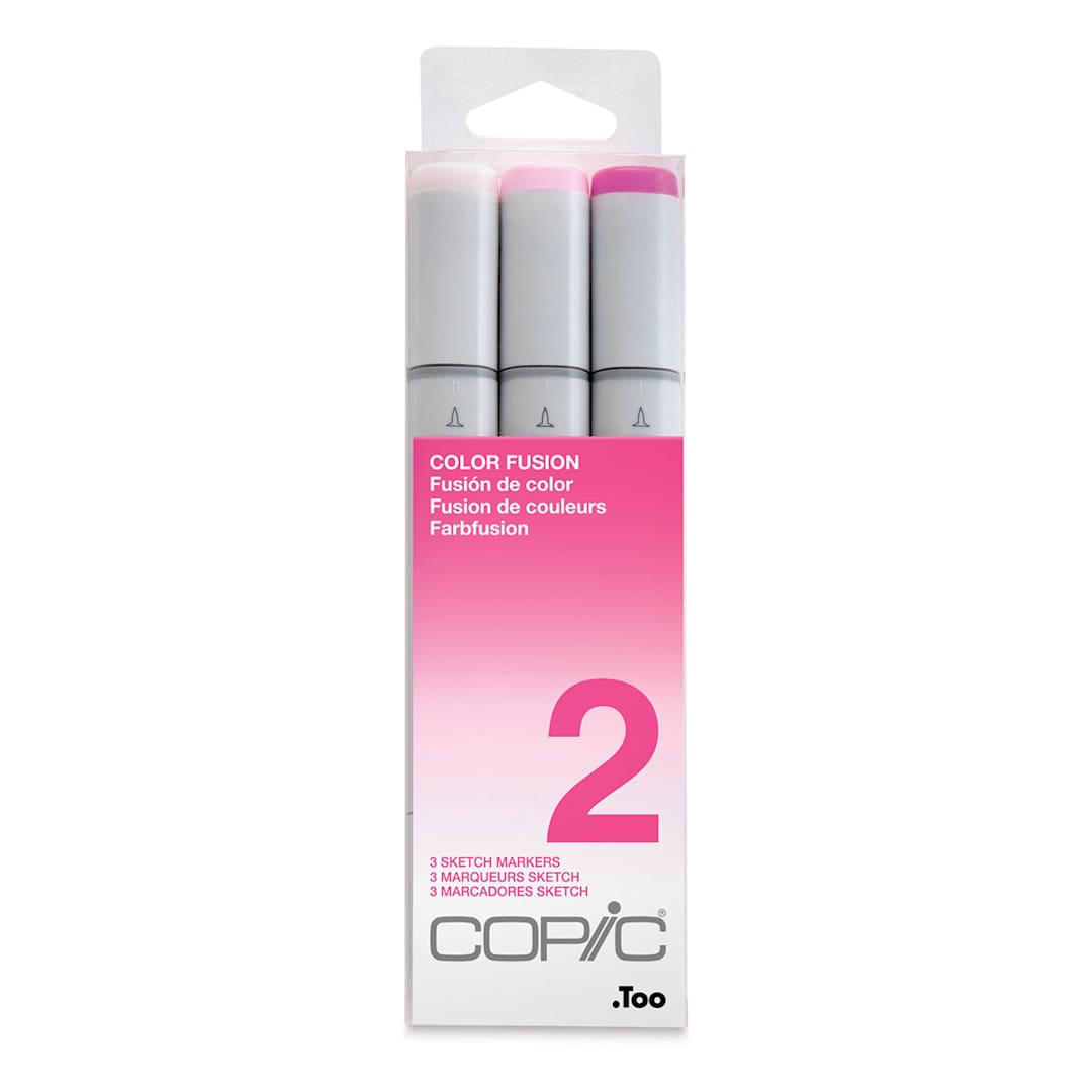 Open in modal - Copic Sketch Markers, Set of 3. Color Fusion 2 set. Front of package, light to dark pink colors.