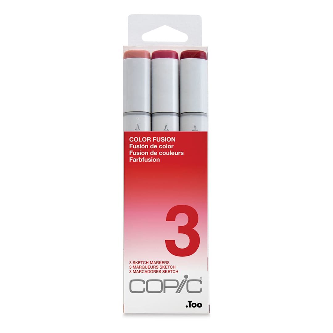 Open in modal - Copic Sketch Markers, Set of 3. Color Fusion 3. Front of package, light to dark red colors.