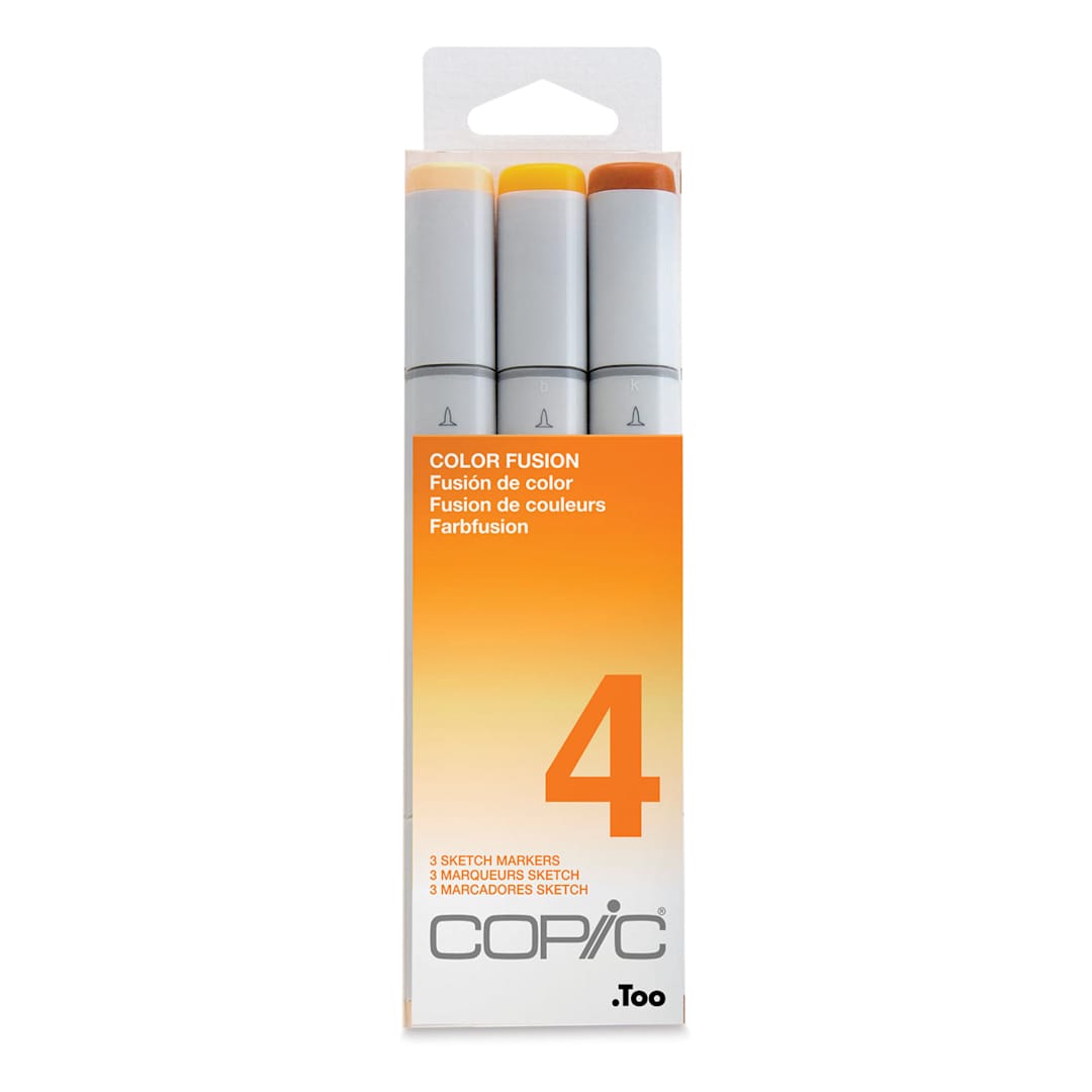 Open in modal - Copic Sketch Markers, Set of 3. Color Fusion 4. Front of package, yellow to orange colors.