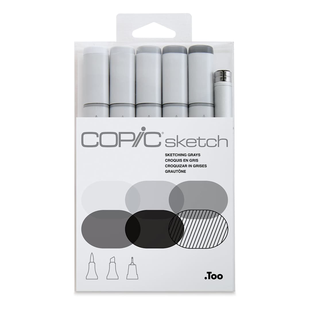Open in modal - Copic Sketch Markers, Set of 6. Skteching Grays. Front of package with light to dark gray shades. 