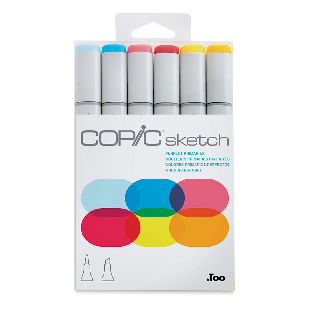 Open in modal - Copic Sketch Markers, Set of 6. Perfect Primaries. Front of package with blue, red, yellow colors. 
