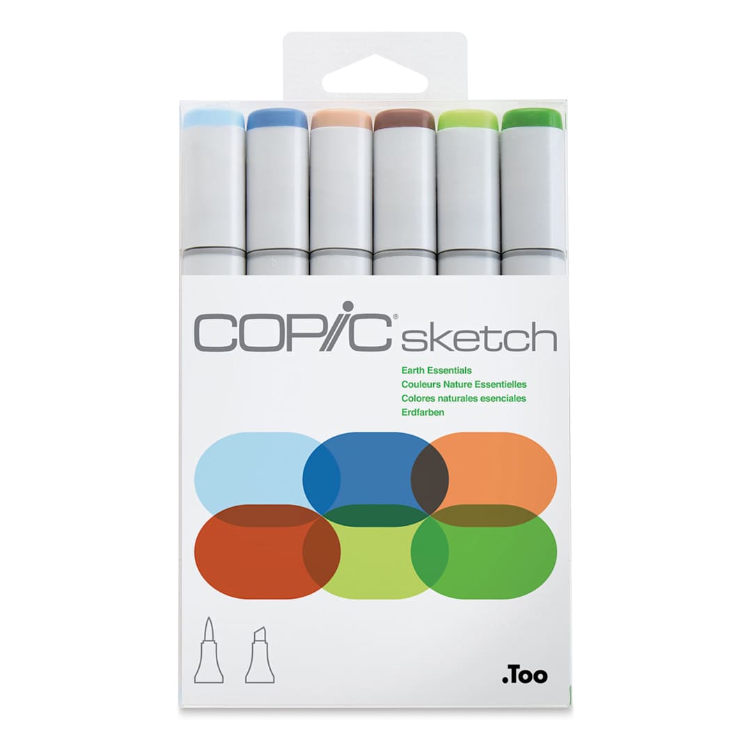 Open in modal - Copic Sketch Markers, Set of 6. Earth Essentials. Front of package of blue, brown, green colors. 