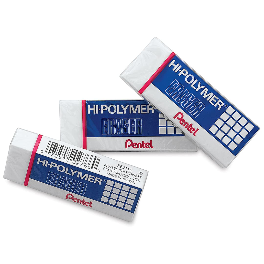 Open in modal - Pentel Hi-Polymer Erasers - 3 Small White Erasers shown in packaging