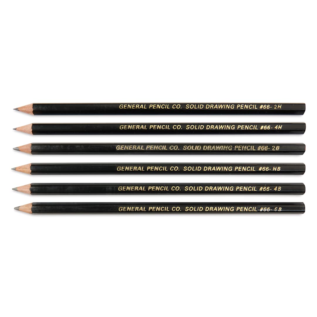Open in modal - General's Solid Graphite Drawing Pencils - Classroom Pack of 144, six single pencils laid out