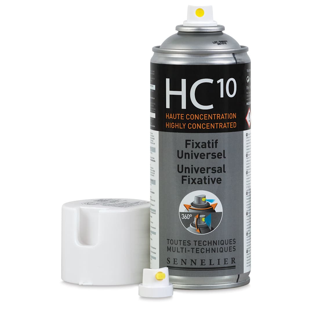 Open in modal - Sennelier HC10 Universal Fixative - Front view of uncapped spray can