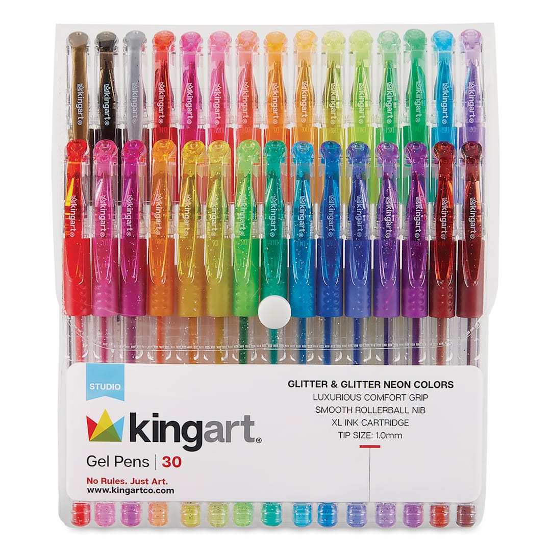Open in modal - Kingart Studio Gel Pens - Set of 30, Glitter and Glitter Neon Colors, front of the packaging