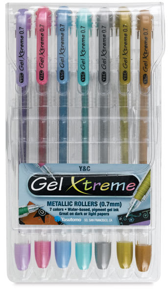 Open in modal - Yasutomo Y&C Gel Xtreme Pens - Front view of package of Metallics Set of 7