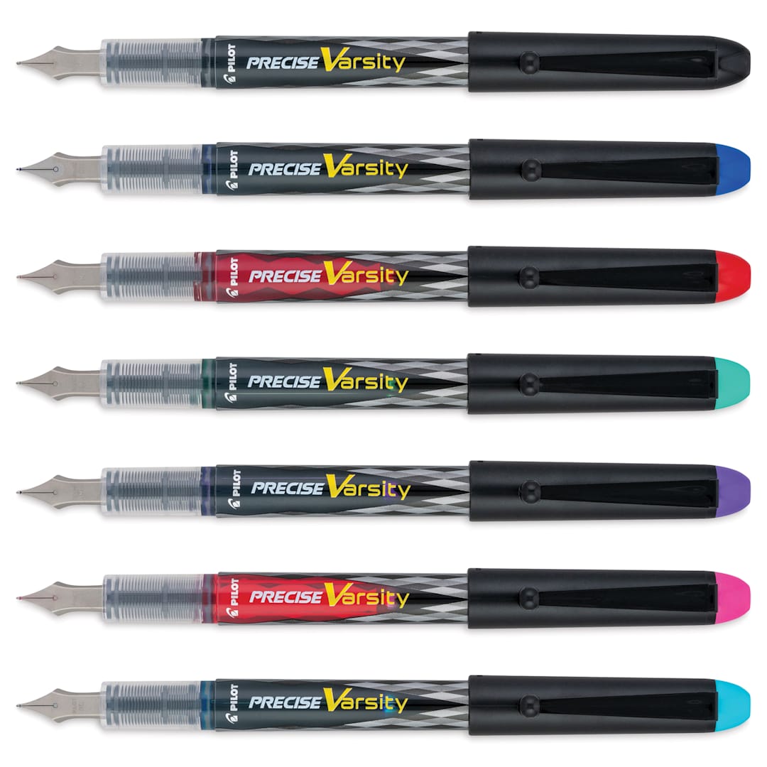 Open in modal - Pilot Precise Varsity Disposable Fountain Pens - Assorted, Set of 7, laid out with caps removed