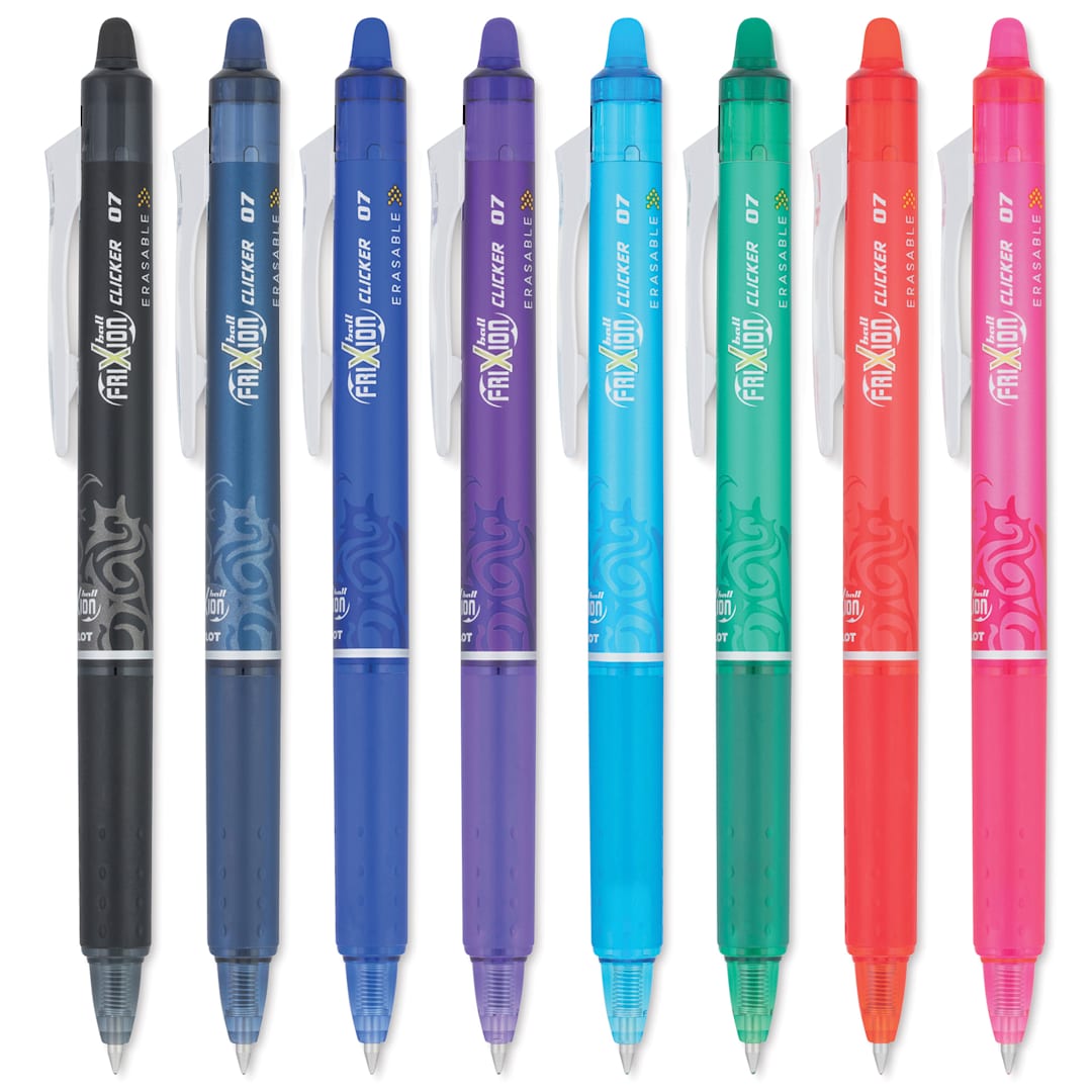 Open in modal - Pilot Frixion Clicker Erasable Gel Pens - Retractable, Assorted, Set of 8, Fine, pens laid out