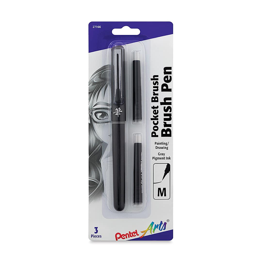 Open in modal - Pentel Pocket Brush Pen - Pen and 2 Refills, Gray, In package