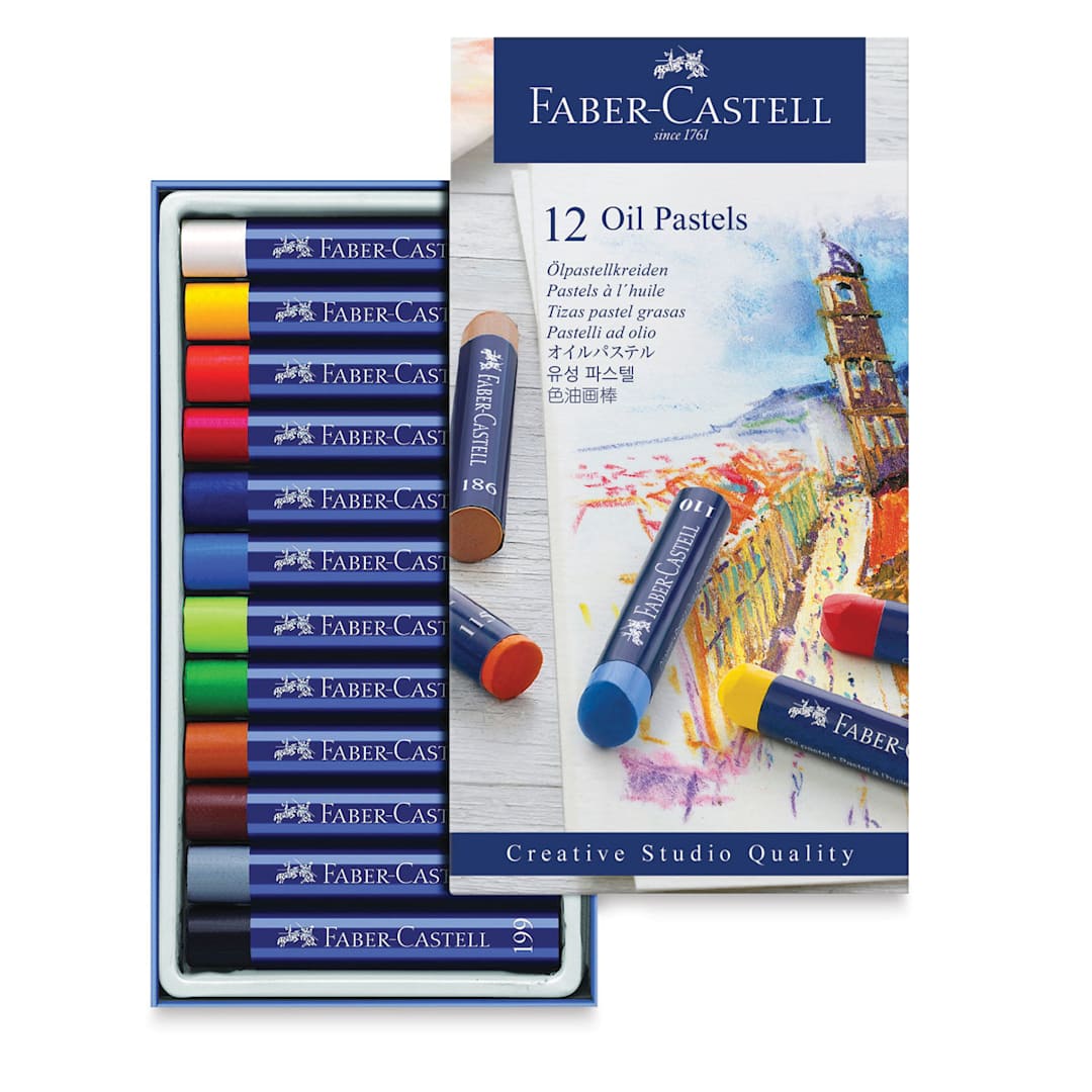 Open in modal - Faber-Castell Goldfaber Studio Oil Pastel Set - Package open showing tray of 12 colors