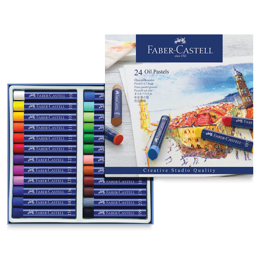 Open in modal - Faber-Castell Goldfaber Studio Oil Pastel Set - Package open showing tray of 24 colors