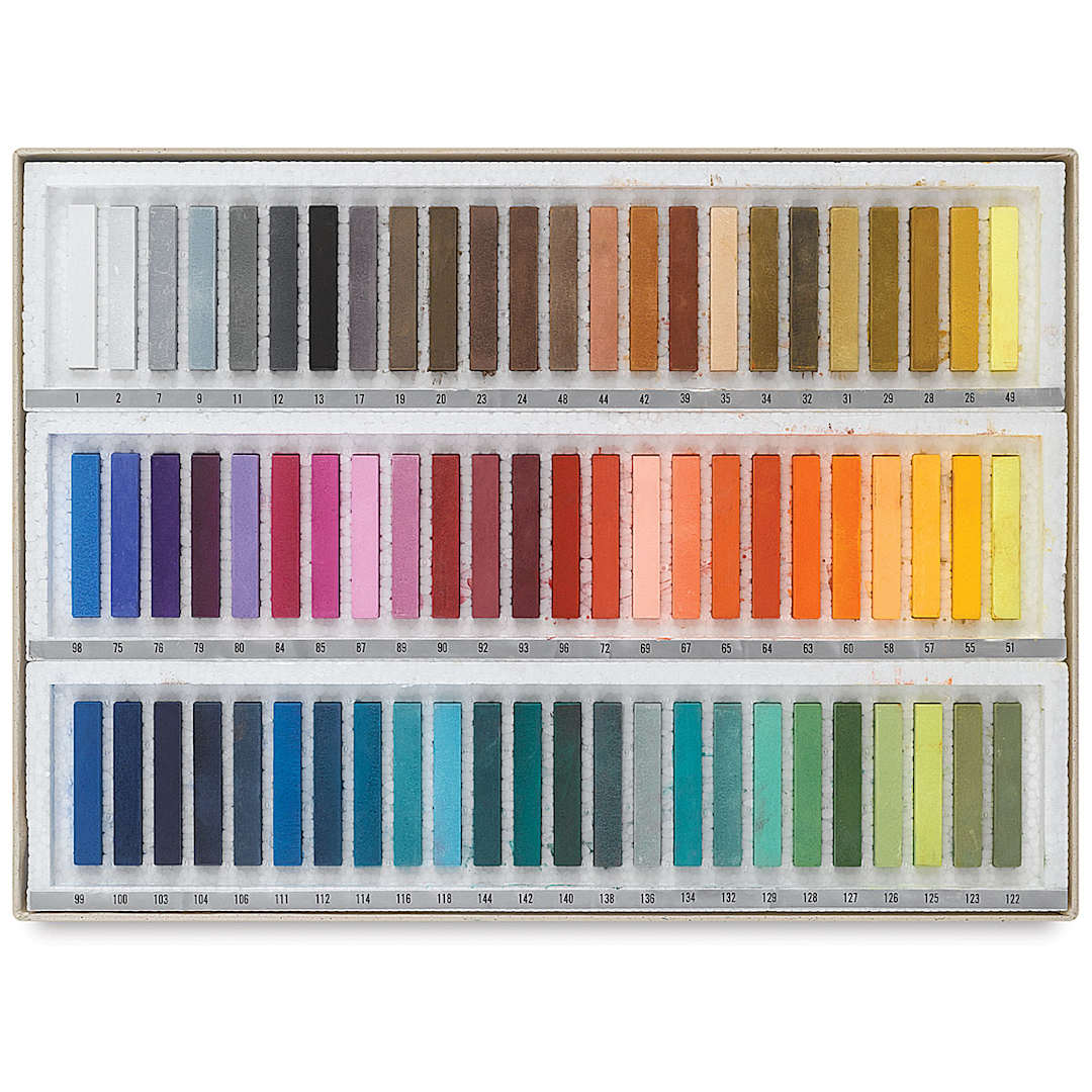 Open in modal - Holbein Artists' Soft Pastel Set - Set of 72 Assorted Colors shown open in package trays