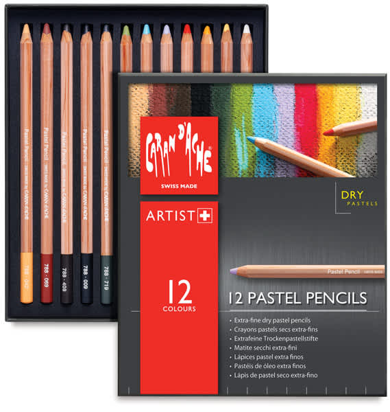 Open in modal - Caran d'Ache Pastel Pencil Set - Open Set of 12 Pencils with Lid adjacent