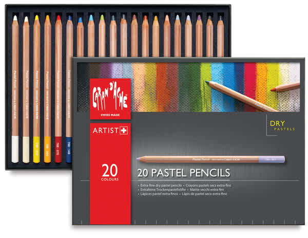 Open in modal - Caran d'Ache Pastel Pencil Set - Set of 20 (open to show contents, with lid set to side)