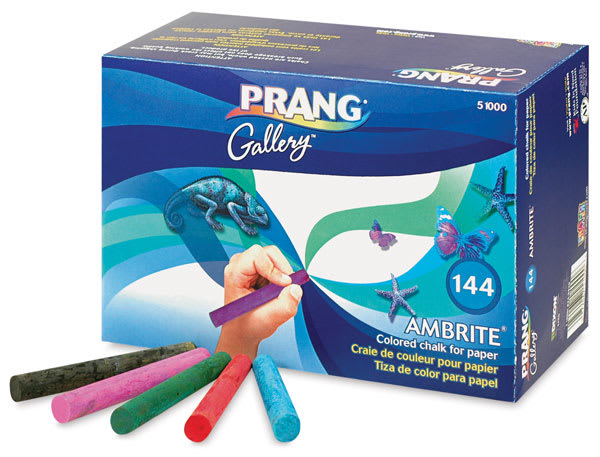 Open in modal - Prang Ambrite Paper Chalk - Angled view of package of 144 pcs with 5 chalk sticks loose in front
