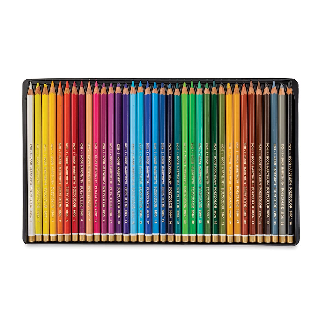 Open in modal - Koh-I-Noor Polycolor Dry Color Drawing Pencils, Set of 36. Inside of package.