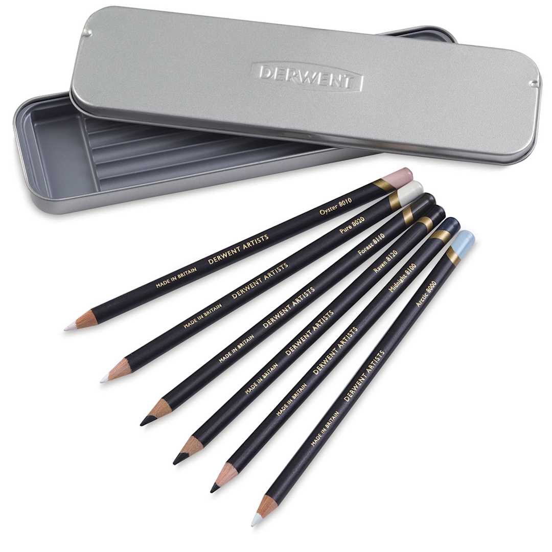 Open in modal - Derwent Artists Pencil Set - Components of Set of 6 Black and White Colors shown with Tin 