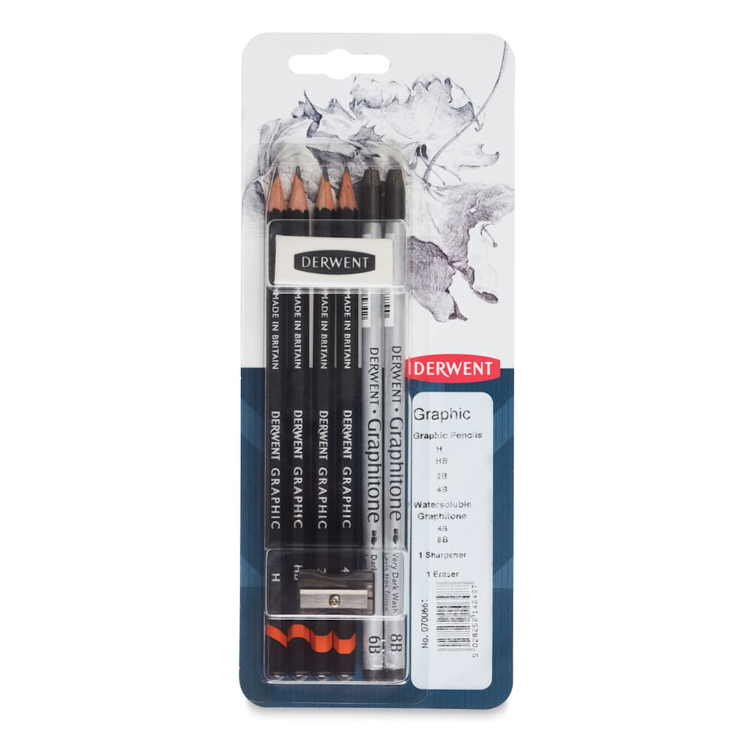 Open in modal - Derwent Fine Art Pencil Pack - Front of package showing component pencils, eraser and sharpener
