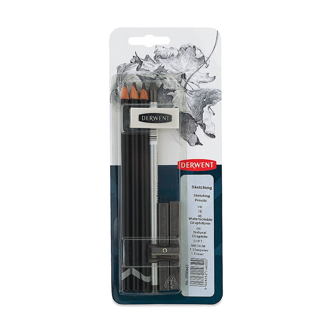Open in modal - Derwent Sketching Pencil Set - Front of blister package showing components