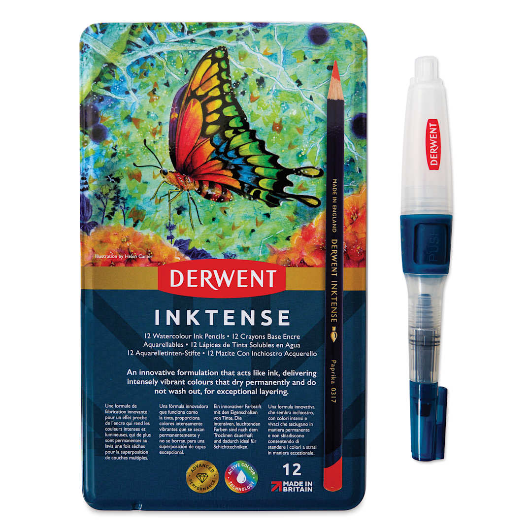 Open in modal - Derwent Inktense Pencils, front of the Tin Box Set of 12 with push button waterbrush