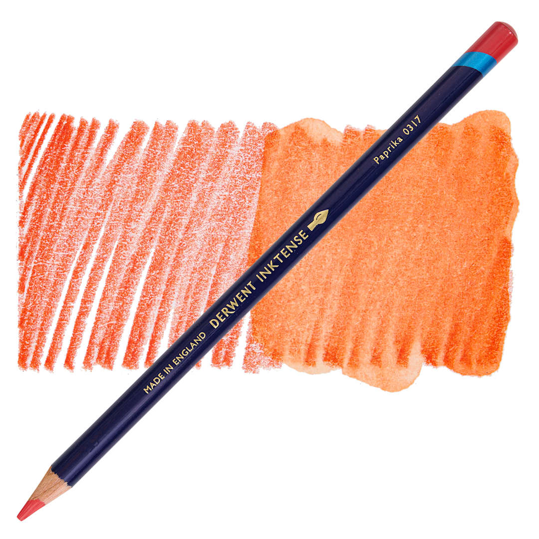 Open in modal - Derwent Inktense Pencil - Paprika, swatch and pencil
