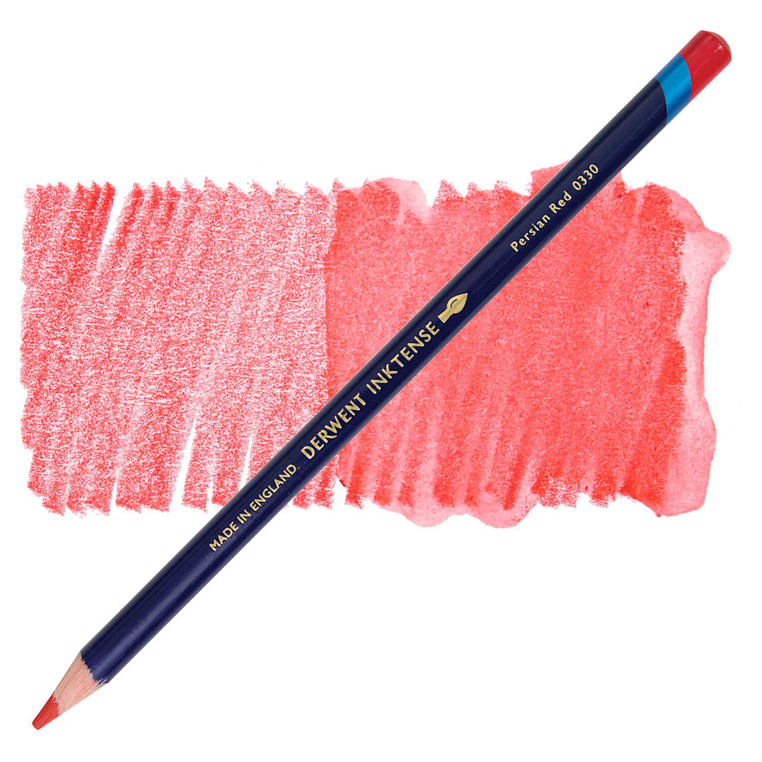 Open in modal - Derwent Inktense Pencil - Persian Red, swatch and pencil
