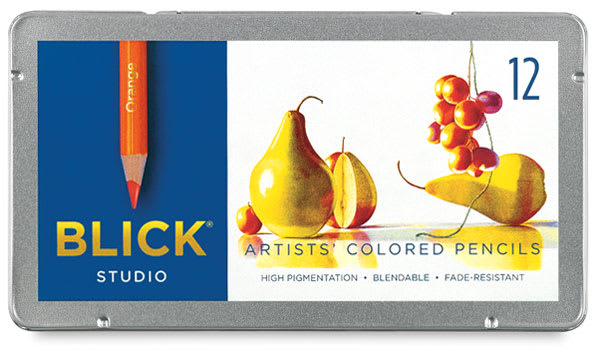 Open in modal - Blick Studio Artists' Colored Pencils - Assorted Colors, Set of 12. Front of closed tin box. 