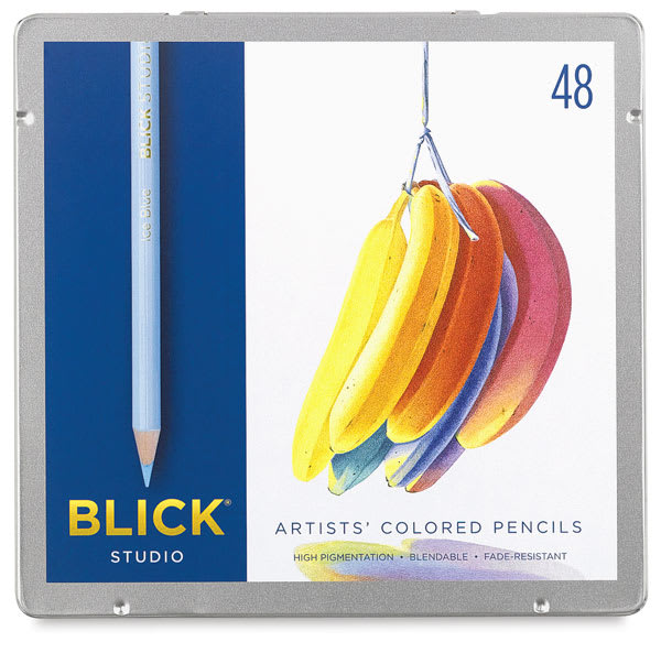 Open in modal - Blick Studio Artists' Colored Pencils - Assorted Colors, Set of 48. Front of closed tin box.