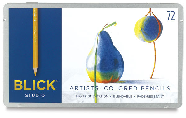 Open in modal - Blick Studio Artists' Colored Pencils - Assorted Colors, Set of 72. Front of closed tin box.