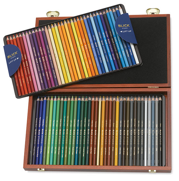 Open in modal - Blick Studio Artists' Colored Pencils - Assorted Colors, Set of 72 in wood box, open, two trays.