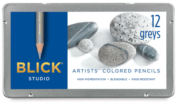 Open in modal - Blick Studio Artists' Colored Pencil Set, Greys, Set of 12. Front of closed tin box.
